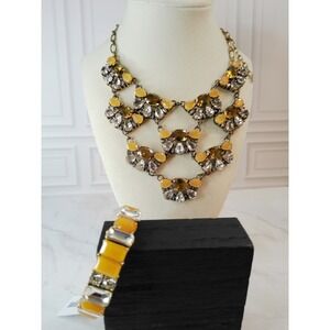J. Crew Statement Necklace Bracelet Set Yellow Gold Tone Gemstone Rhinestone